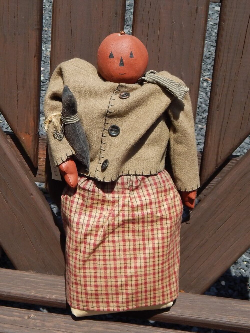 Primitive Farmhouse Decor Halloween Jack O Lantern Figure w/Black Cat Doll